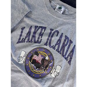 VTG Lake Icaria Graphic T Shirt Mens XL Gray Stripe Made USA